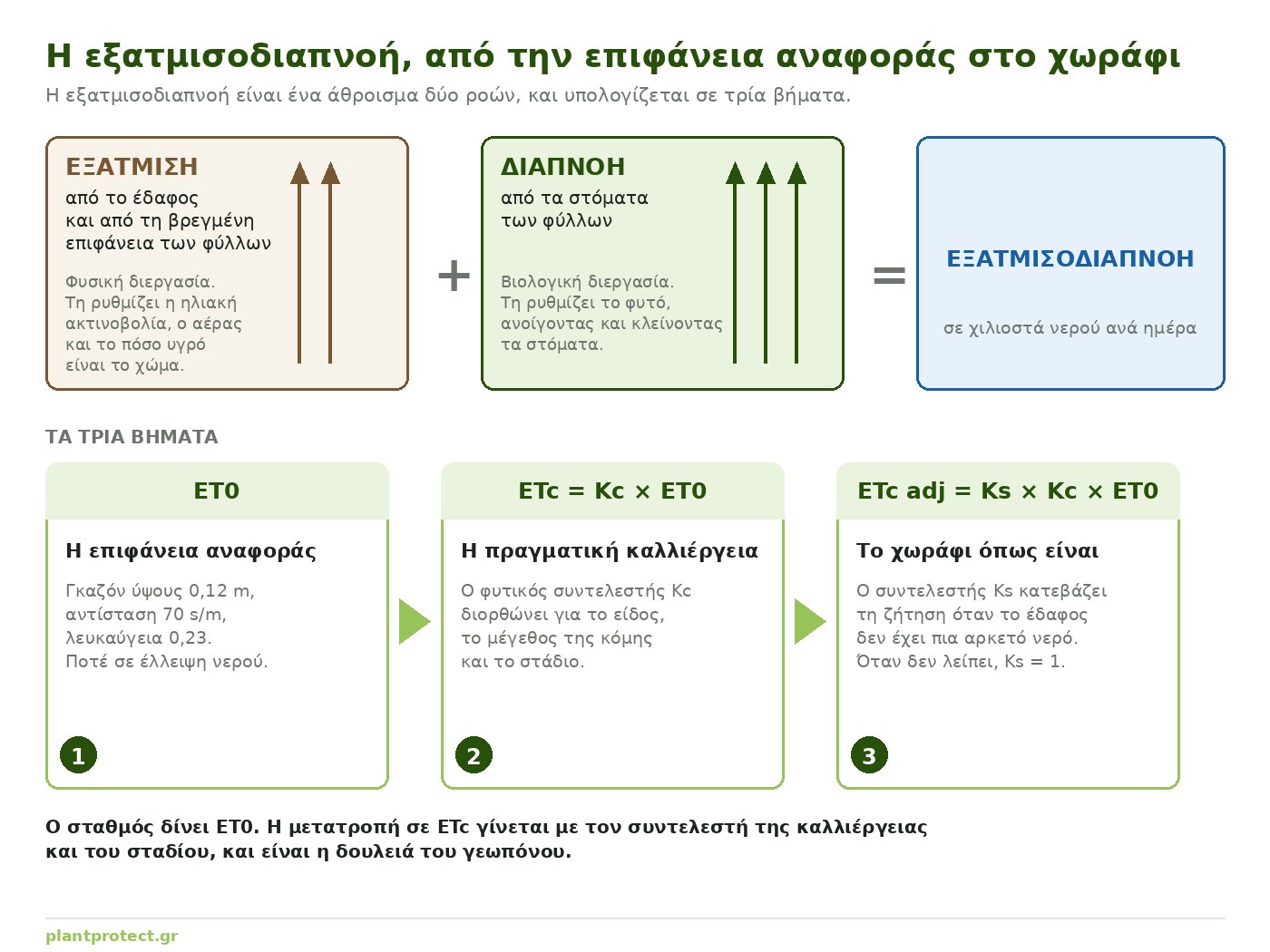 Σχήμα που δείχνει την εξατμισοδιαπνοή ως άθροισμα εξάτμισης και διαπνοής, και τα τρία βήματα από το ET0 στο ETc adj